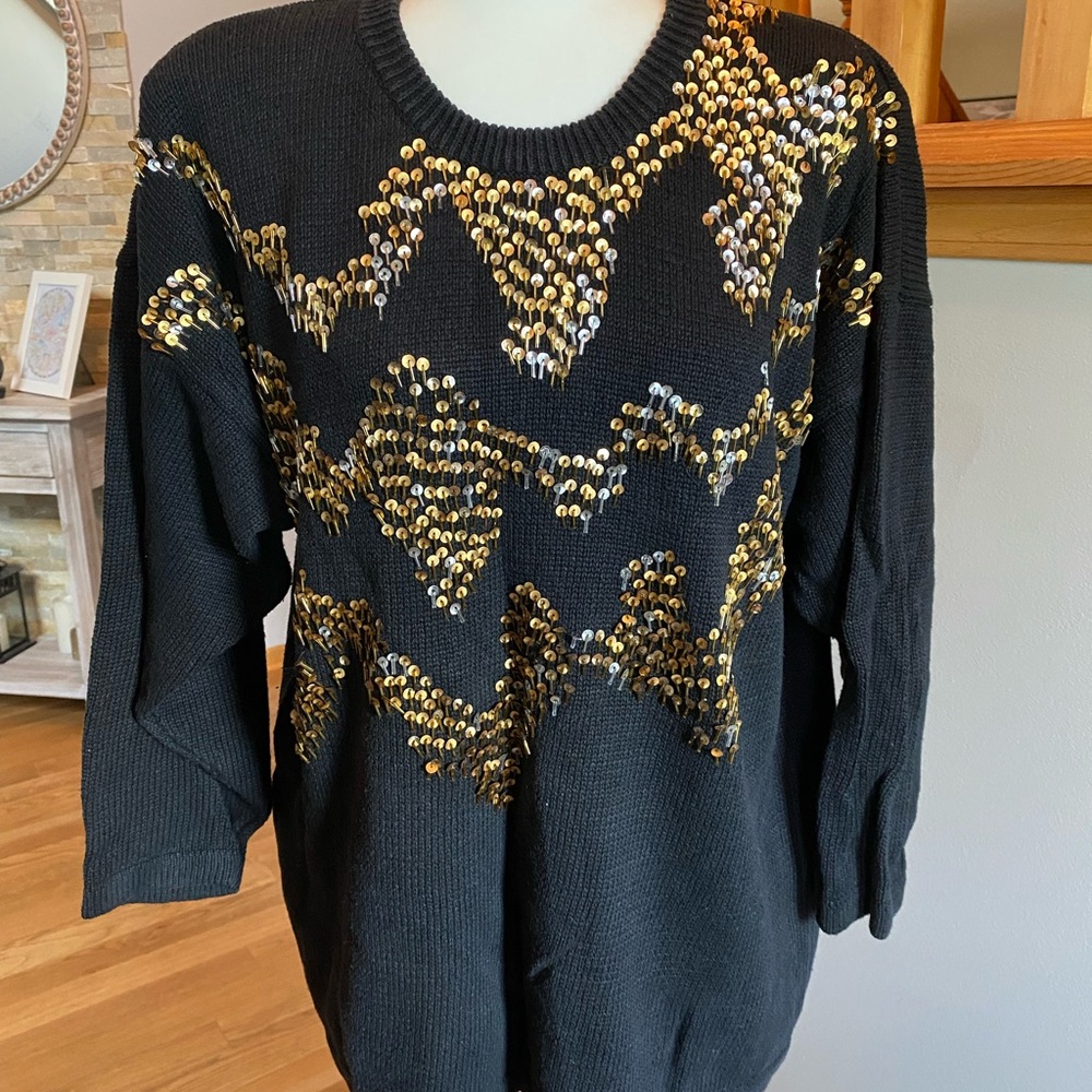 Black Vintage Sweater with Gold Sequin Design
